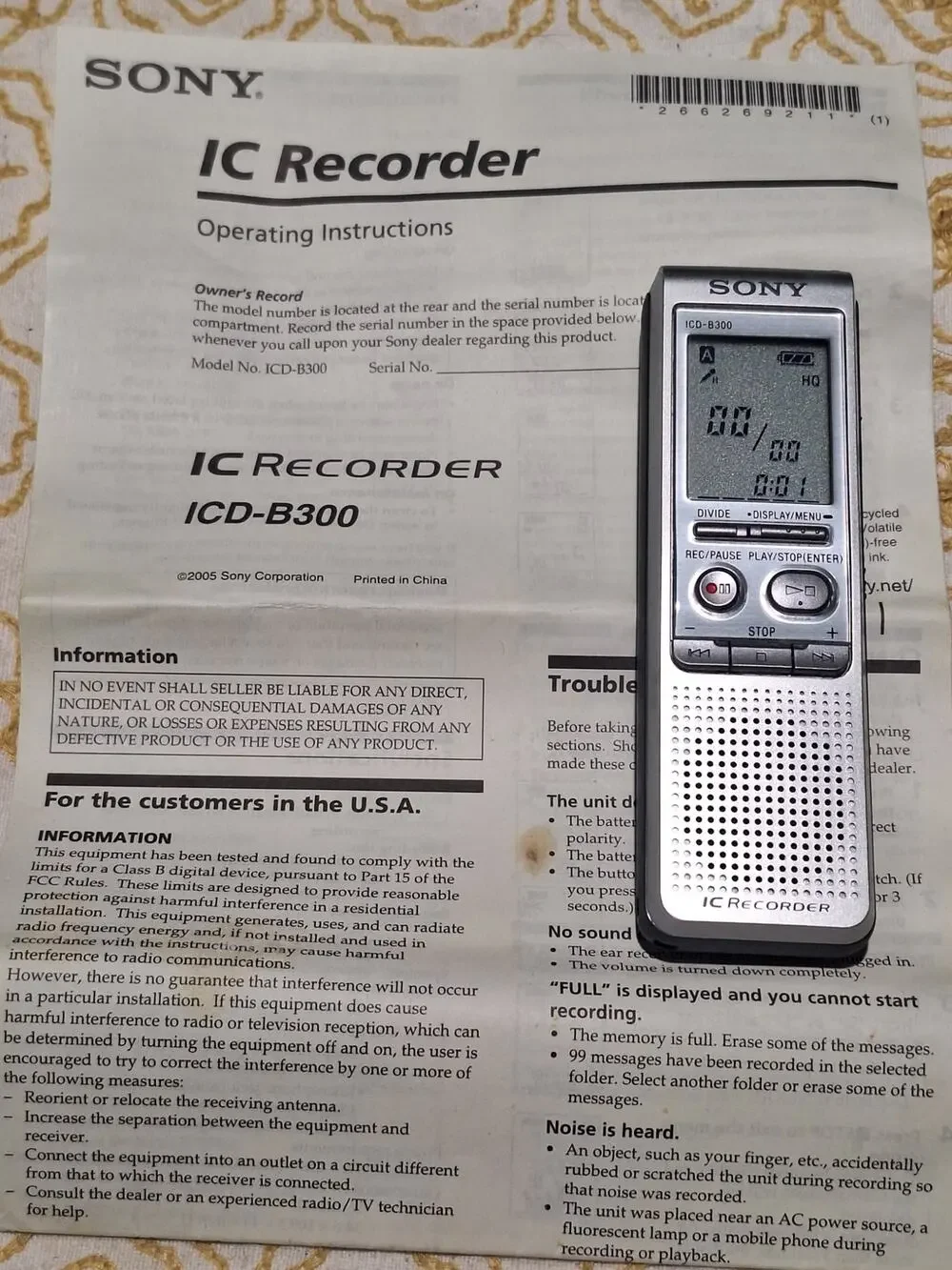 Sony ICD-B300 Digital Voice IC Recorder Tested Working w Original Manual 2005 NM
